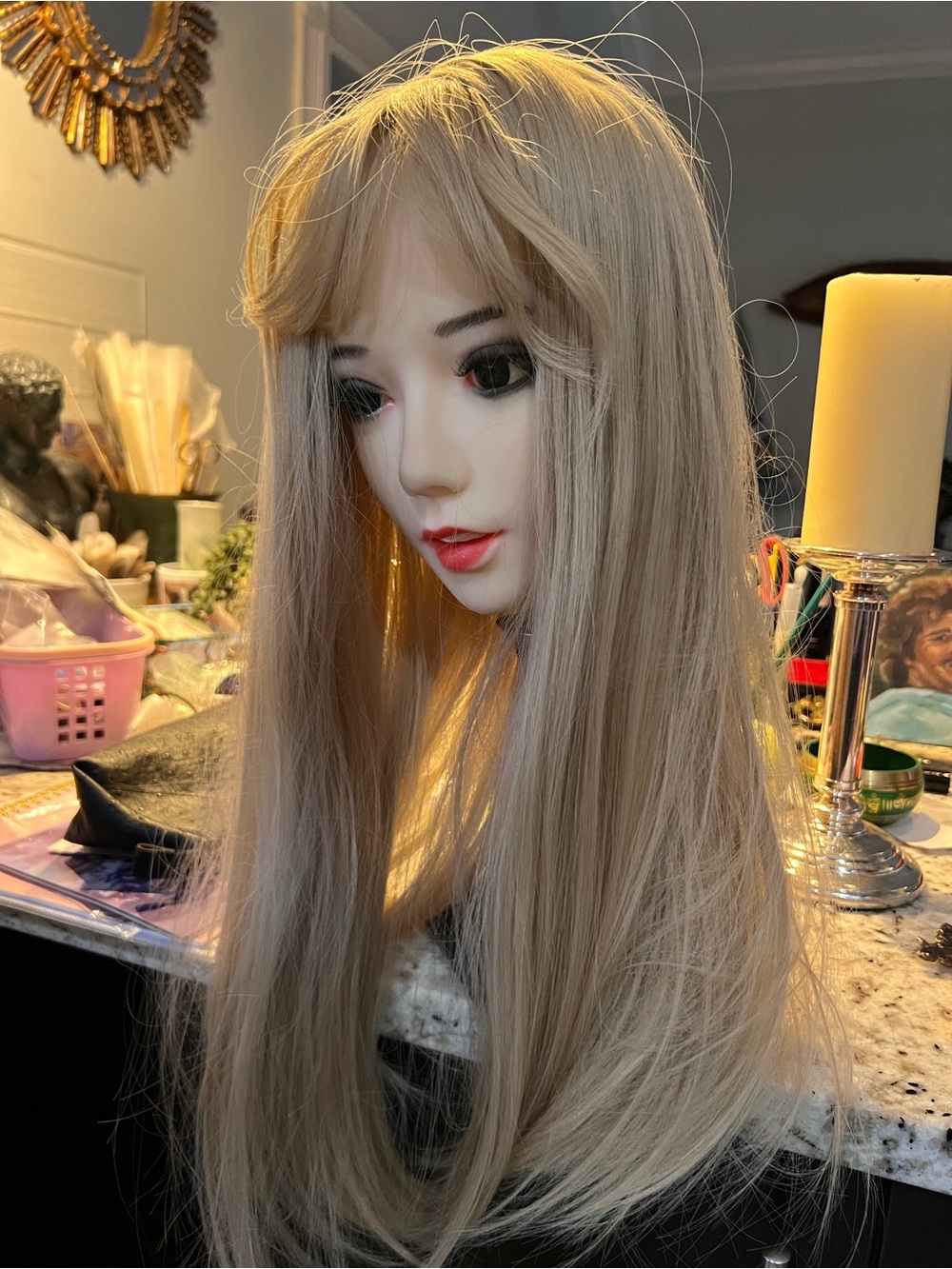 Blonde Long Straight Women’s Wig with Side Bangs (Wig only, not the head.)